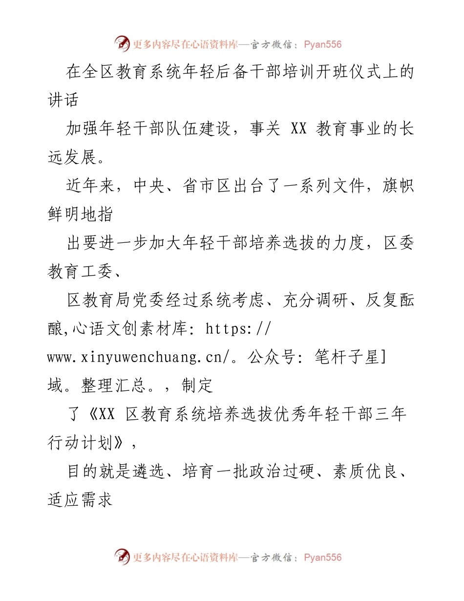 [发言] 年轻干部培训开班仪式 - 加强年轻干部队伍建设，助力教育高质量发展.docx_第1页