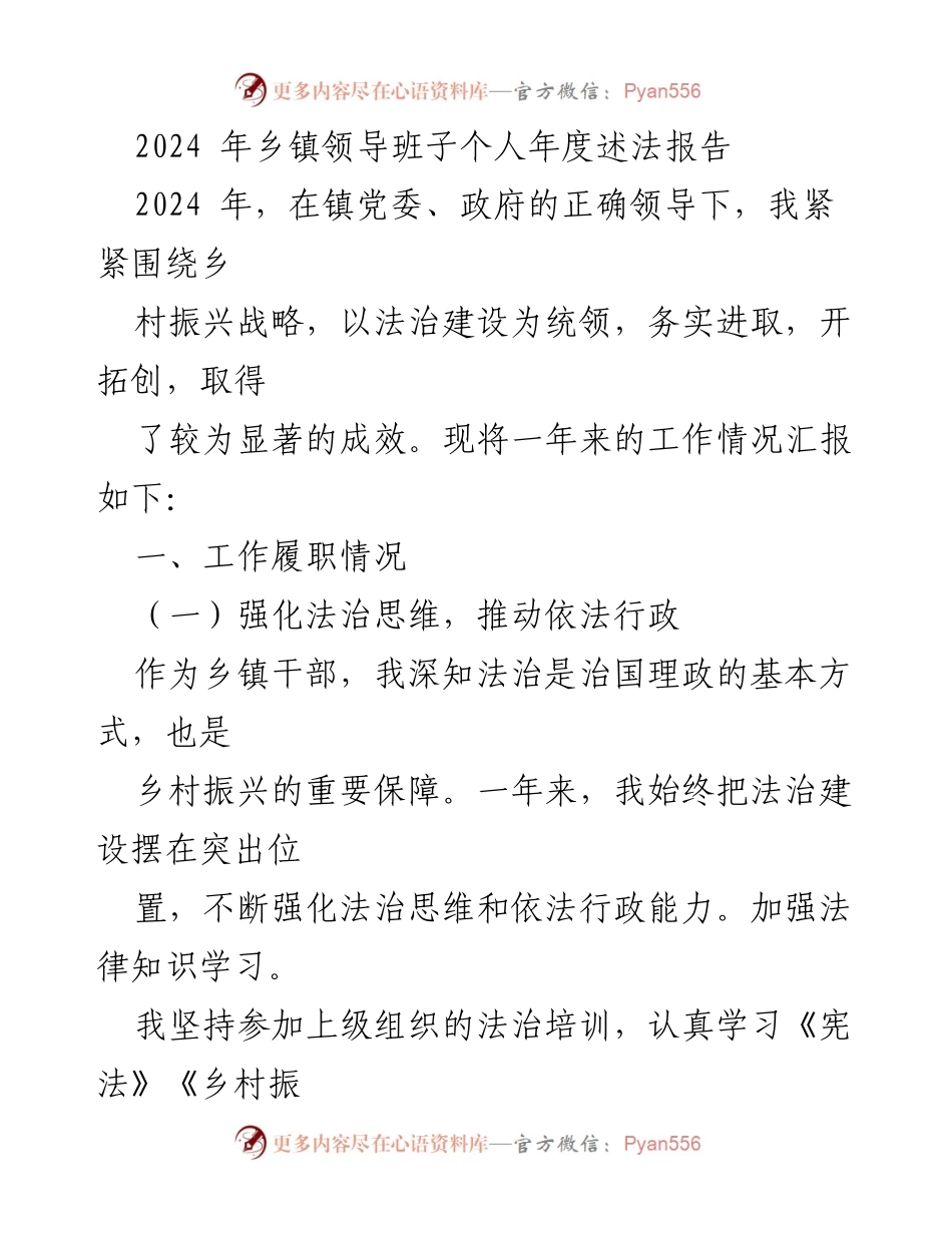[发言] 年度述法会议 - 2024年乡镇领导班子个人年度述法报告.docx_第1页