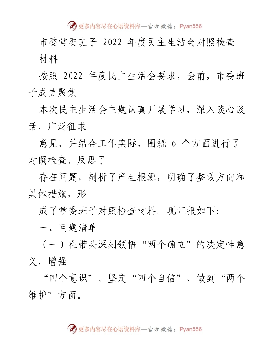 [发言] 市委常委班子 2022 年度民主生活会 - 2022 年度民主生活会对照检查及整改措施汇报.docx_第1页