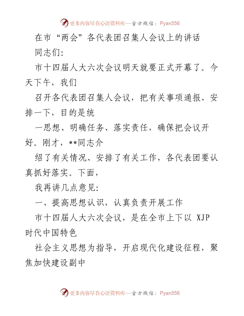 [发言] 市“两会”各代表团召集人会议 - 确保市十四届人大六次会议顺利召开.docx_第1页