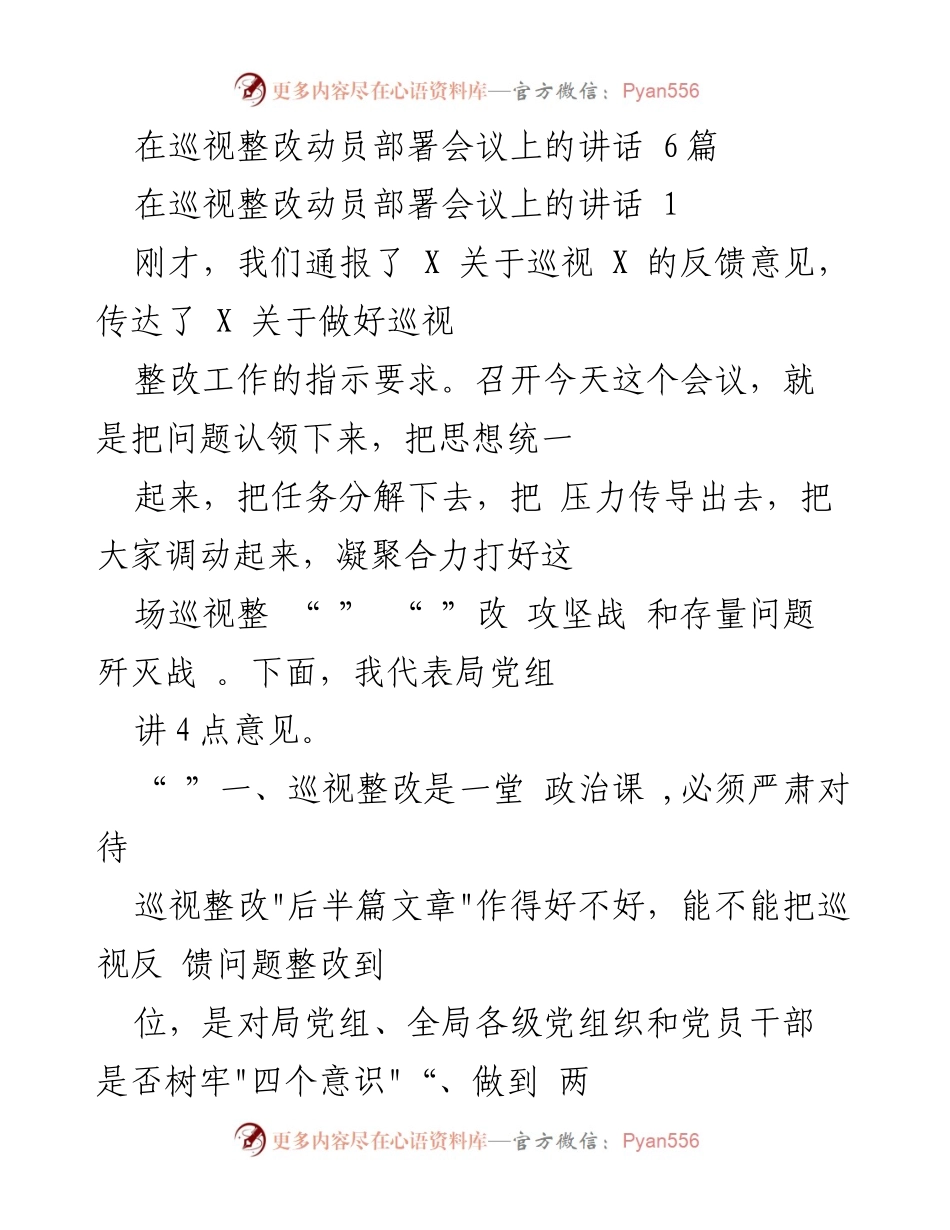 [发言] 巡视整改动员部署会议 - 严肃对待巡视整改，凝聚合力打赢攻坚战.docx_第1页