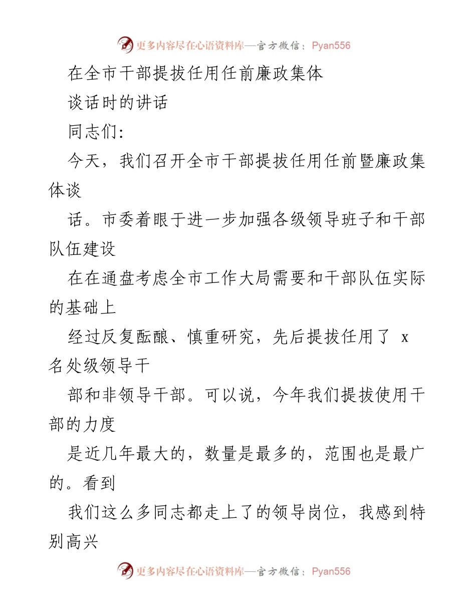 [发言] 干部提拔任用会议 - 全市干部提拔任用任前廉政谈话讲话.docx_第1页