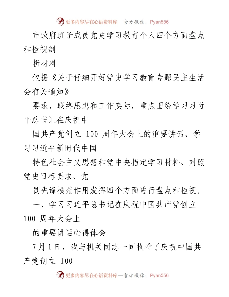 [发言] 市政府班子成员党史学习教育专题民主生活会 - 个人学习体会与反思报告.docx_第1页