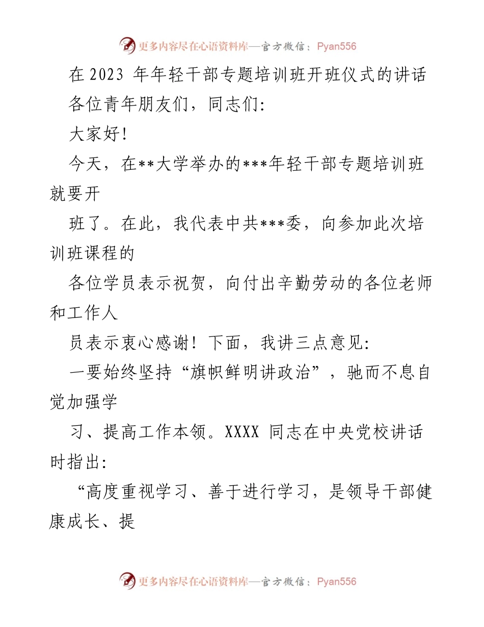 [发言] 年轻干部专题培训班开班仪式 - 强调学习与担当，助力青年干部成长.docx_第1页