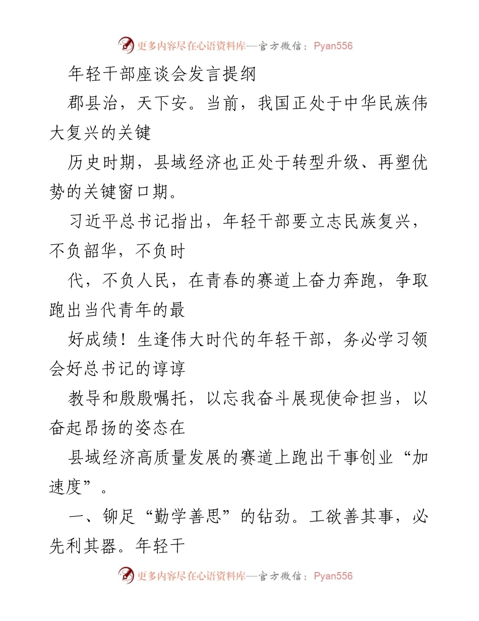 [发言] 年轻干部座谈会 - 年轻干部的使命担当与成长路径.docx_第1页