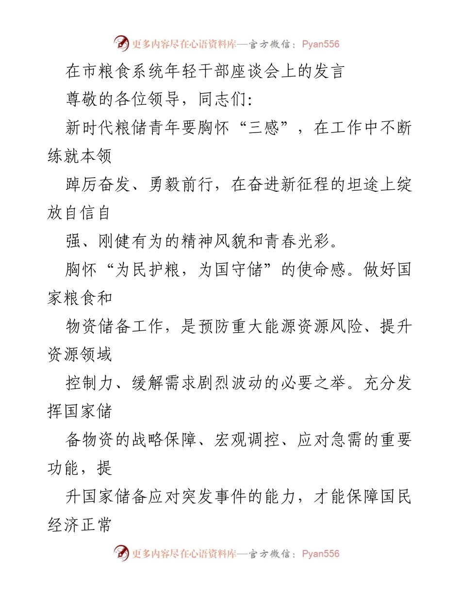 [发言] 市粮食系统年轻干部座谈会 - 新时代粮储青年的责任与担当.docx_第1页