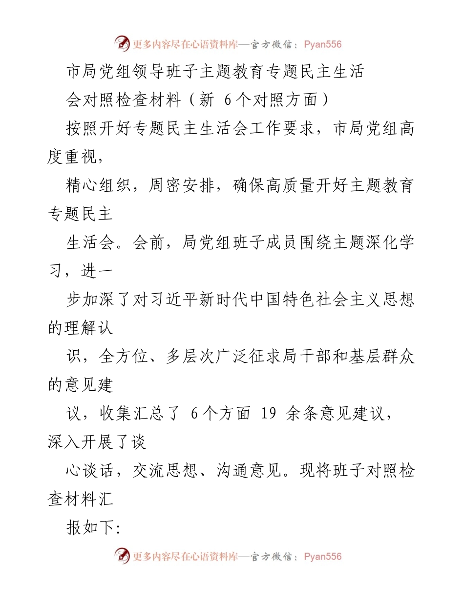 [发言] 市局党组主题教育专题民主生活会 - 市局党组领导班子主题教育民主生活会对照检查材料分析.docx_第1页
