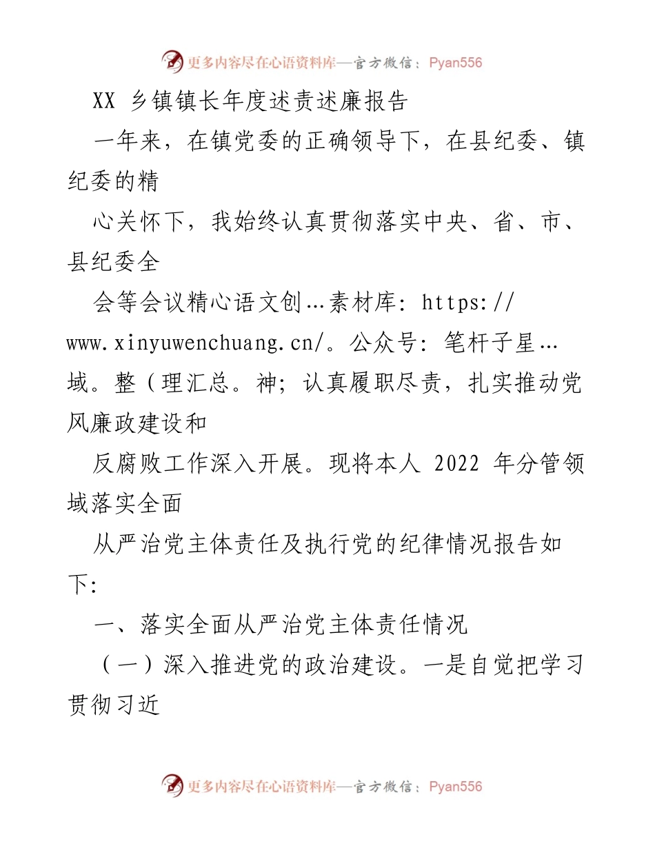 [发言] 年度述责述廉 - XX乡镇镇长2022年度述责述廉报告.docx_第1页