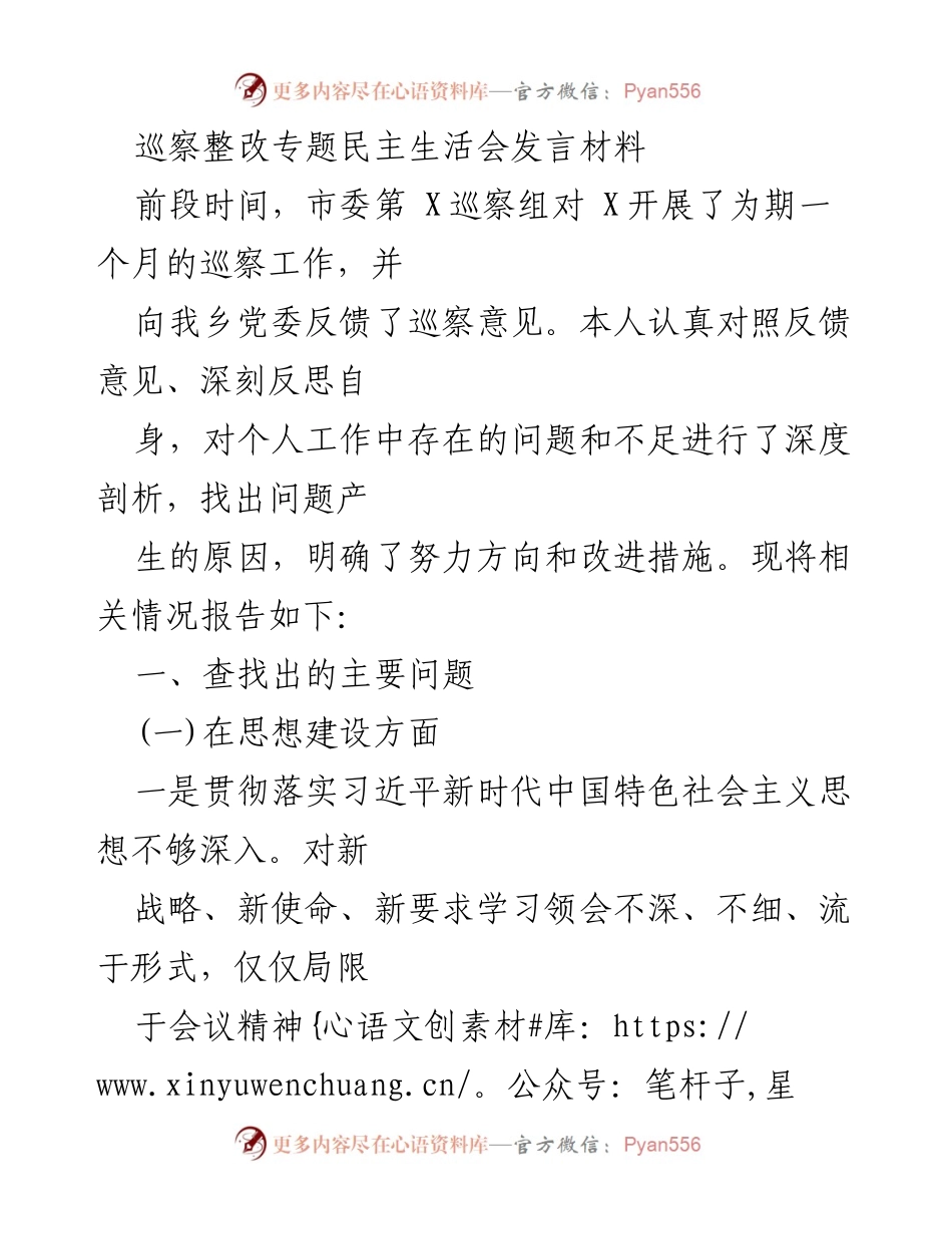 [发言] 巡察整改专题民主生活会 - 深刻反思与整改措施的发言材料_1.docx_第1页