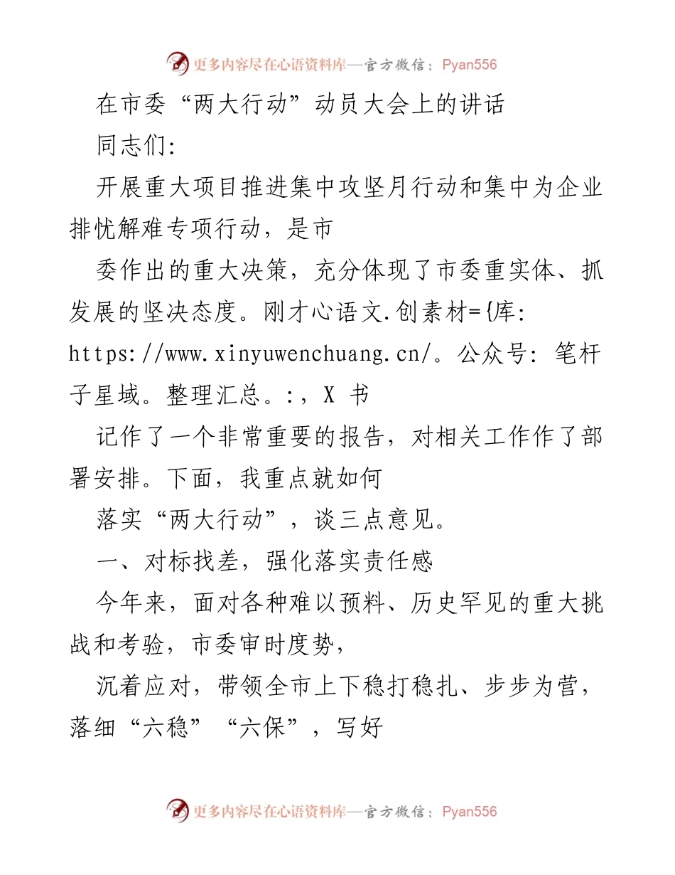 [发言] 市委“两大行动”动员大会 - 强化责任感，推动“两大行动”落地实施.docx_第1页