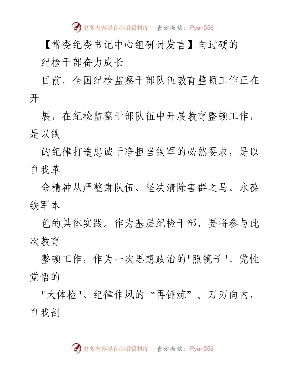 [发言] 常委纪委书记中心组研讨 - 向过硬的纪检干部奋力成长.docx_第1页