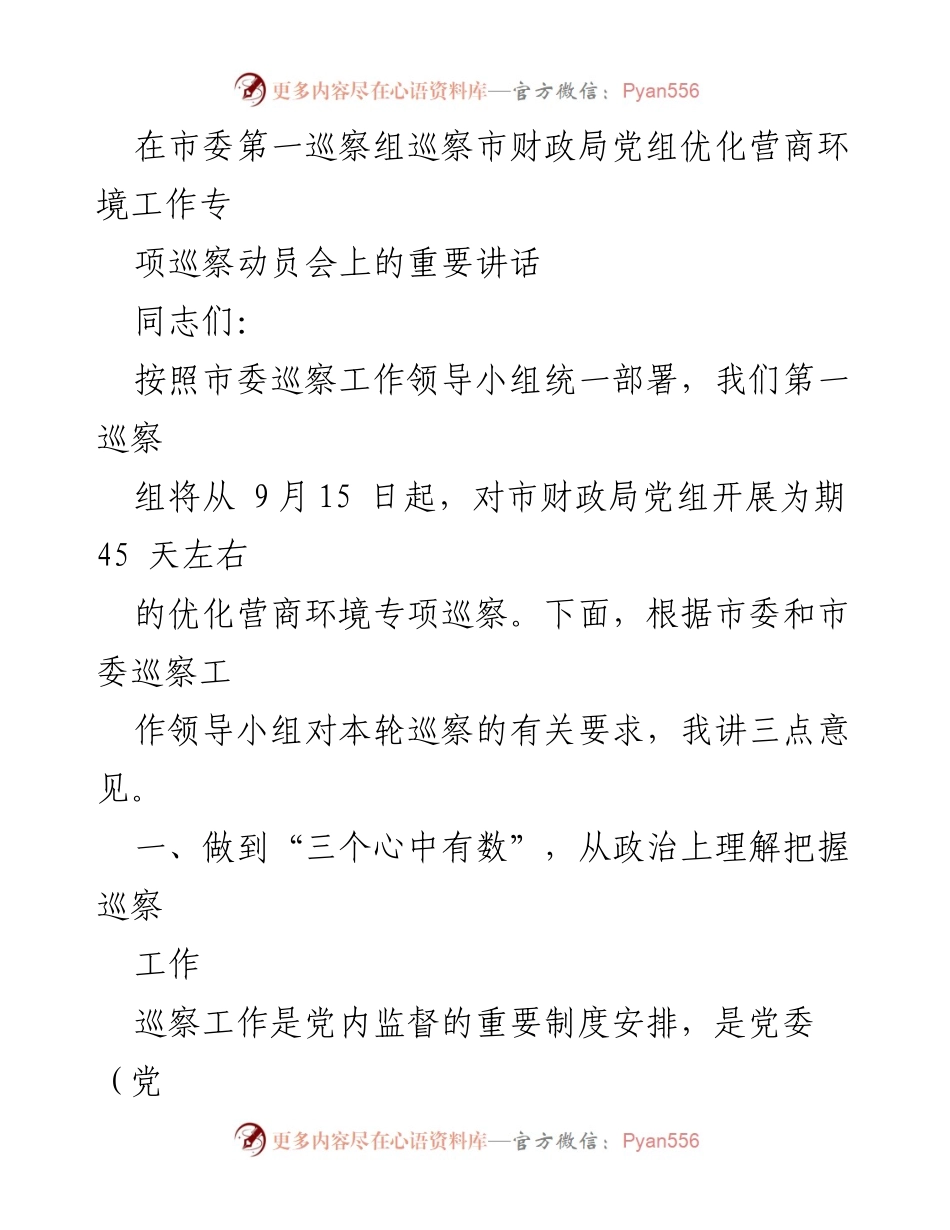 [发言] 市委第一巡察组巡察市财政局党组动员会 - 优化营商环境专项巡察的重要性与任务.docx_第1页