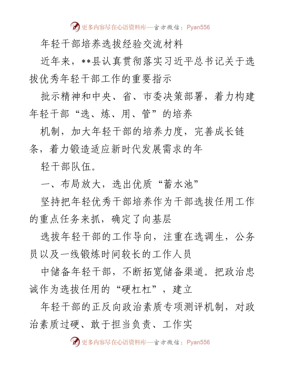 [发言] 年轻干部培养选拔经验交流会 - 年轻干部培养选拔的创新机制与实践经验.docx_第1页