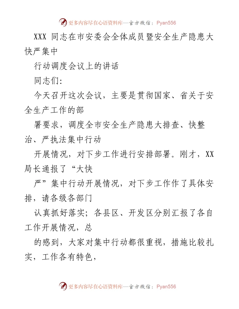 [发言] 市安委会全体成员会议 - 加强安全生产隐患排查与整治的紧迫性与责任感.docx_第1页