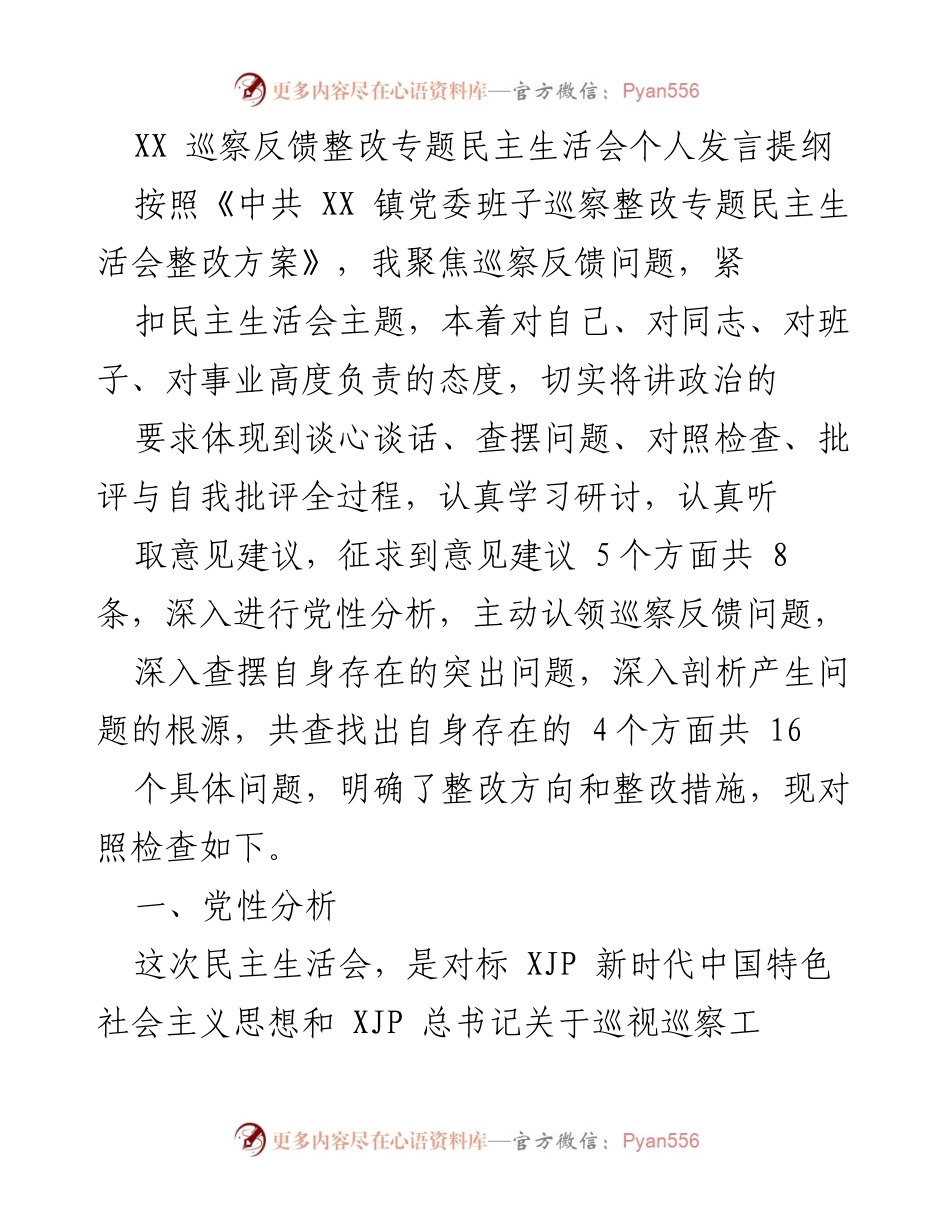 [发言] 巡察整改专题民主生活会 - 深入剖析巡察反馈问题，强化整改责任.docx_第1页