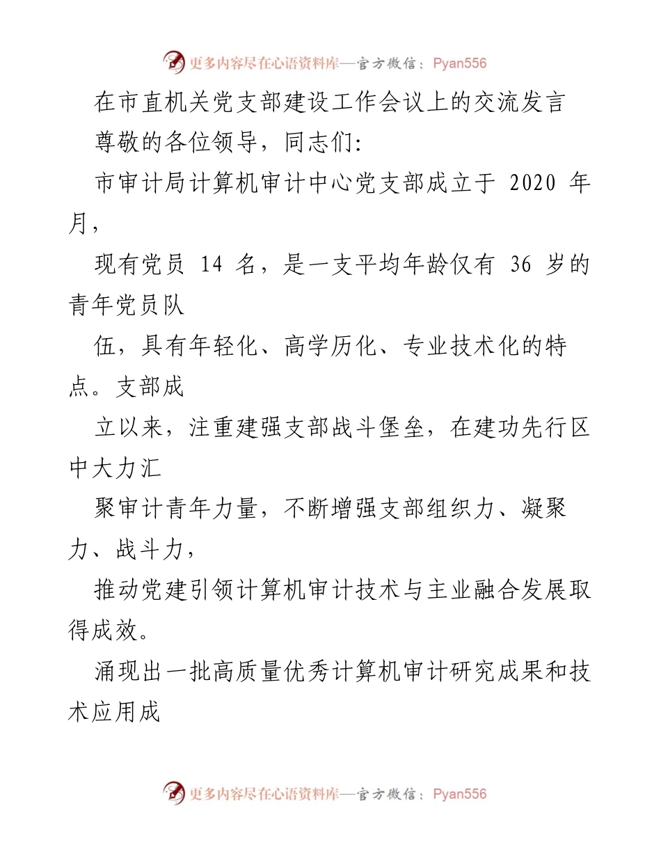 [发言] 市直机关党支部建设工作会议 - 加强党支部建设，推动审计工作高质量发展.docx_第1页