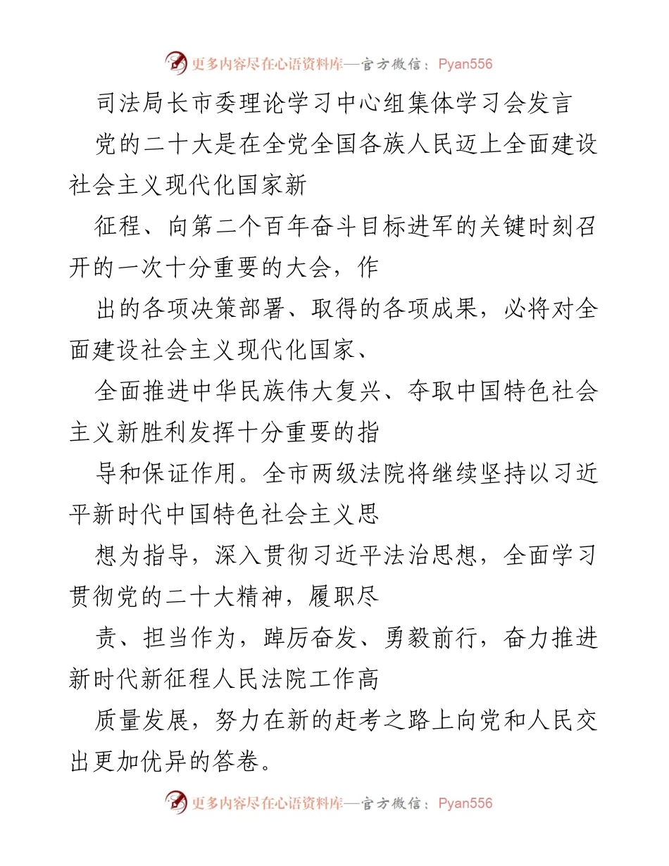 [发言] 市委理论学习中心组集体学习会 - 推进新时代人民法院高质量发展的使命与责任.docx_第1页
