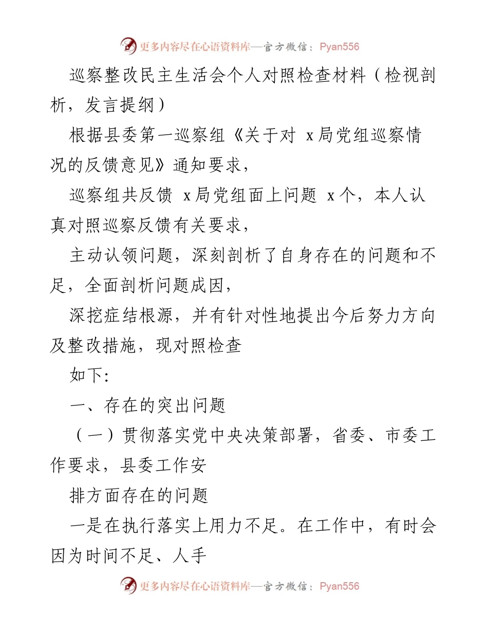 [发言] 巡察整改民主生活会 - 巡察整改中的个人对照检查与自我剖析.docx_第1页