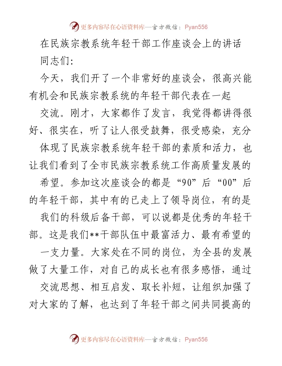 [发言] 年轻干部工作座谈会 - 加强民族宗教系统年轻干部队伍建设的期望与要求.docx_第1页