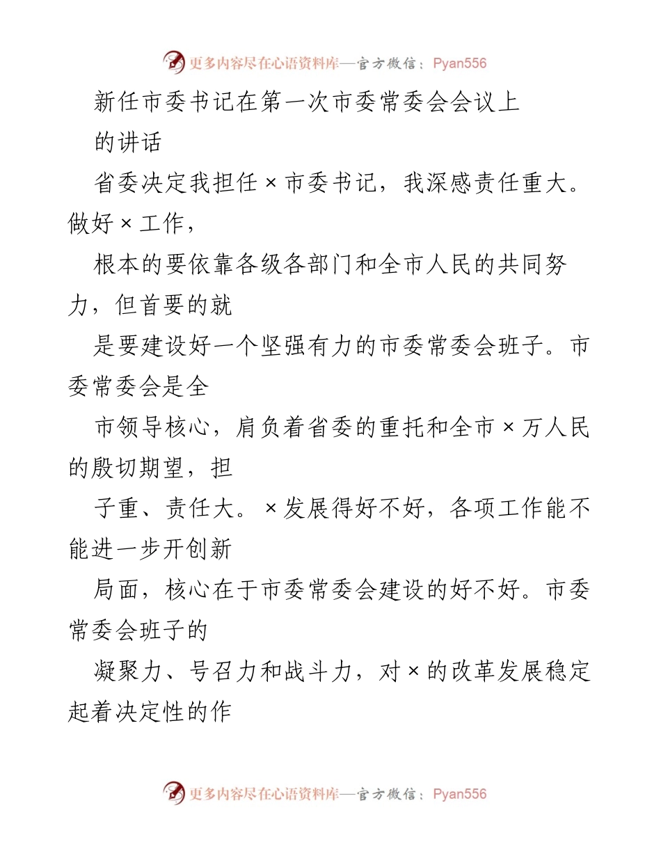 [发言] 市委常委会会议 - 新任市委书记首次讲话聚焦常委会建设.docx_第1页