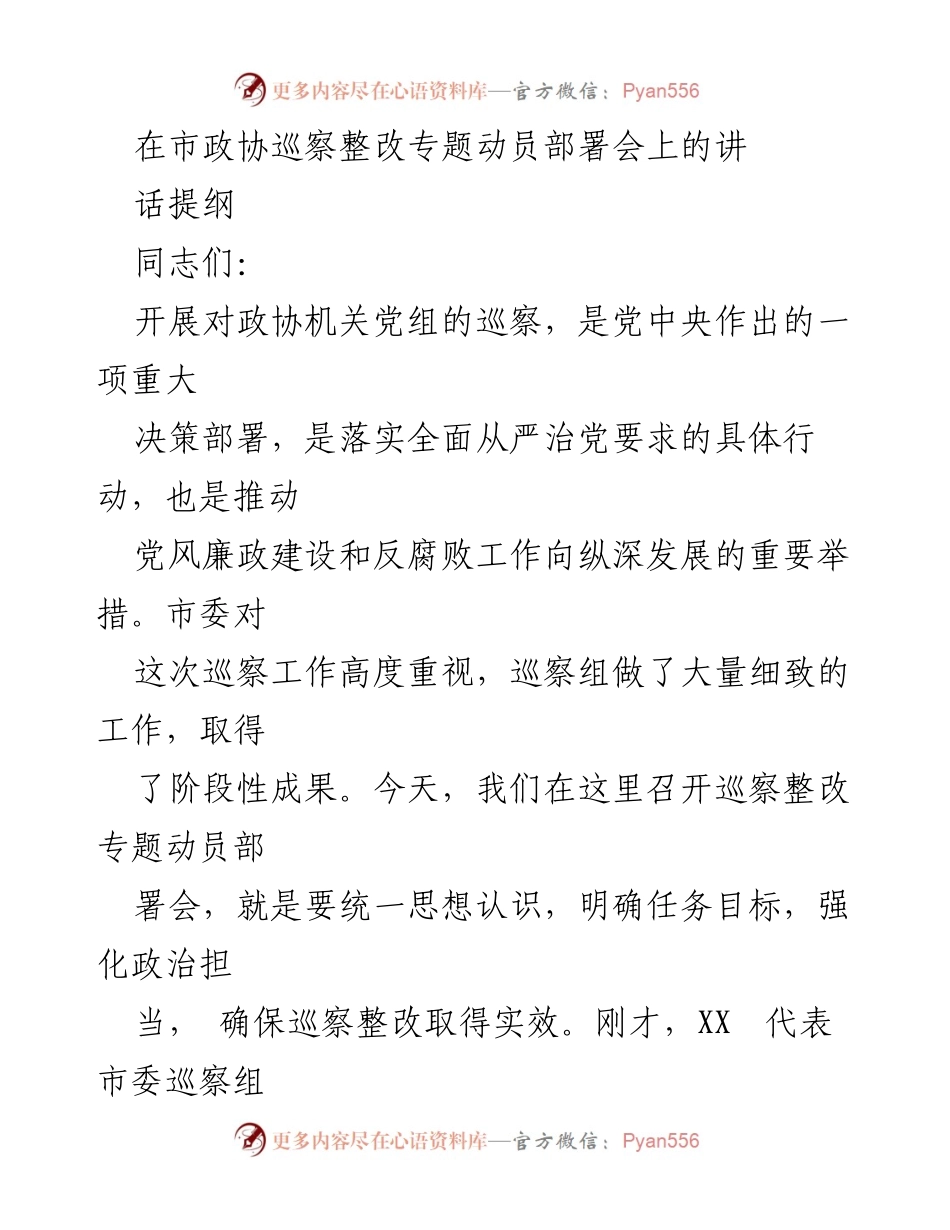 [发言] 市政协巡察整改专题动员部署会 - 强化政治责任，推动巡察整改落实.docx_第1页