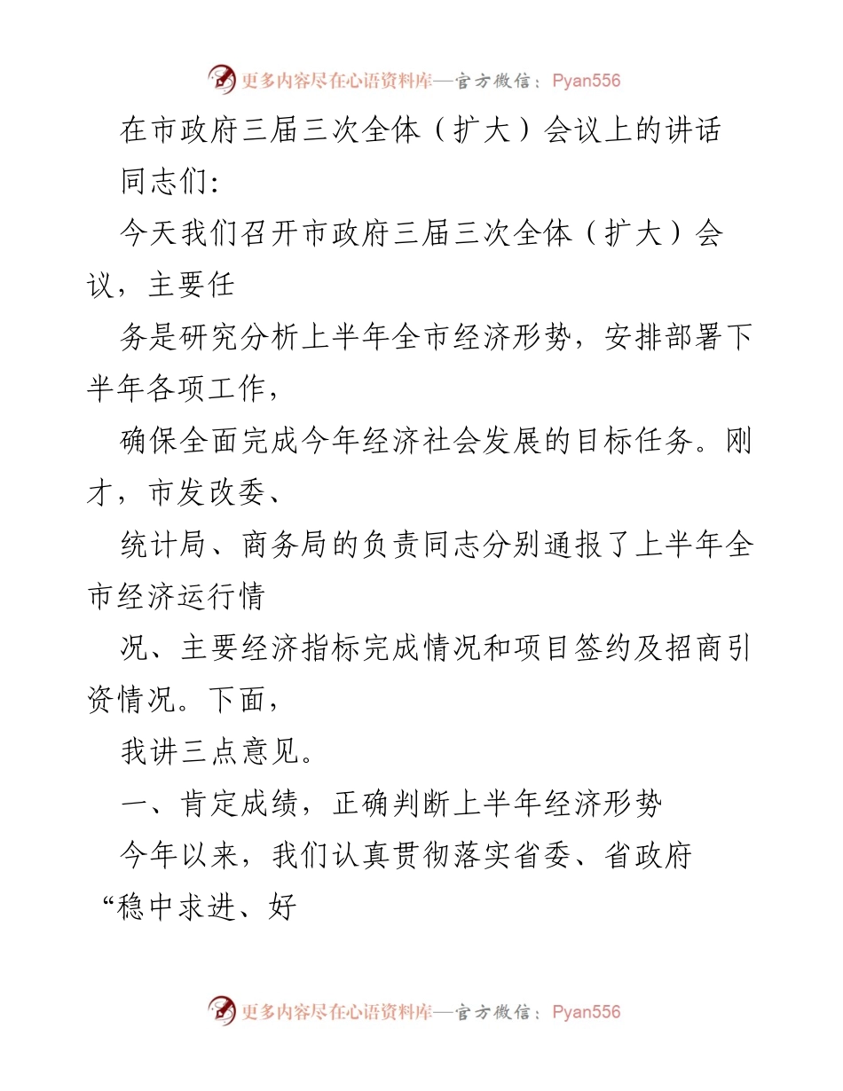 [发言] 市政府三届三次全体（扩大）会议 - 上半年经济形势分析与下半年工作部署.docx_第1页