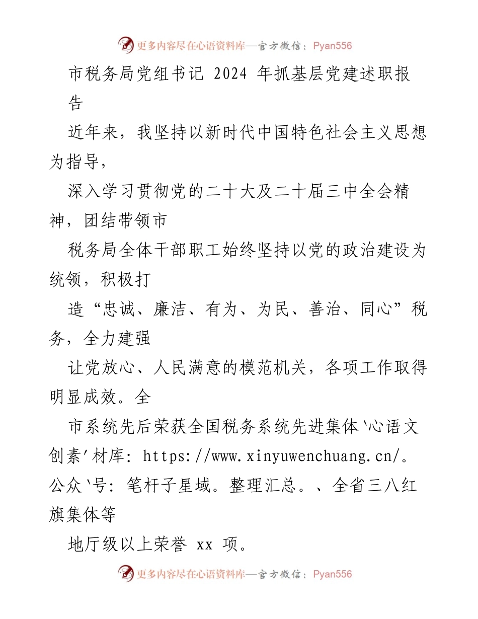 [发言] 市税务局党组书记述职 - 2024年基层党建工作总结与成效报告.docx_第1页