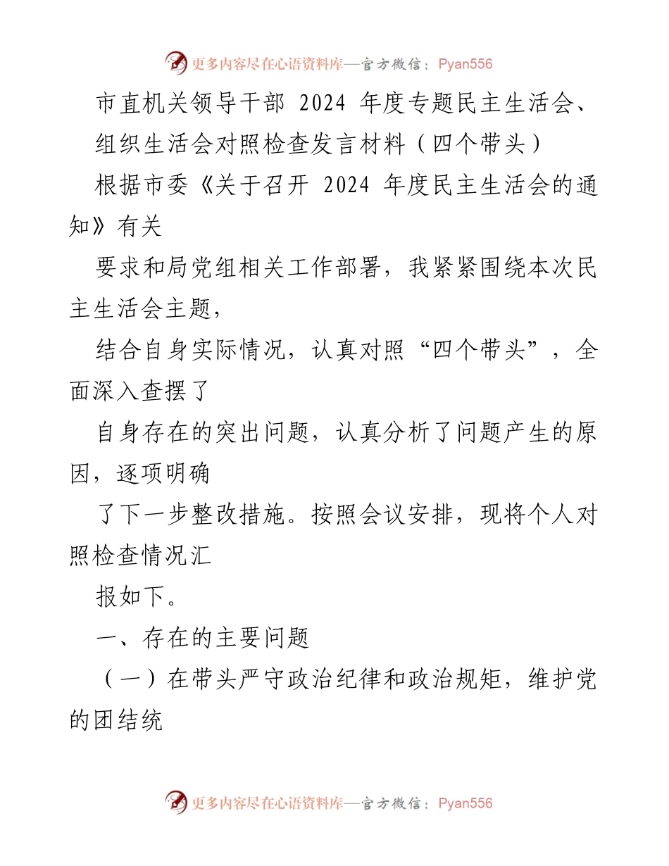 [发言] 市直机关领导干部2024年度专题民主生活会 - 个人对照检查发言材料总结.docx_第1页