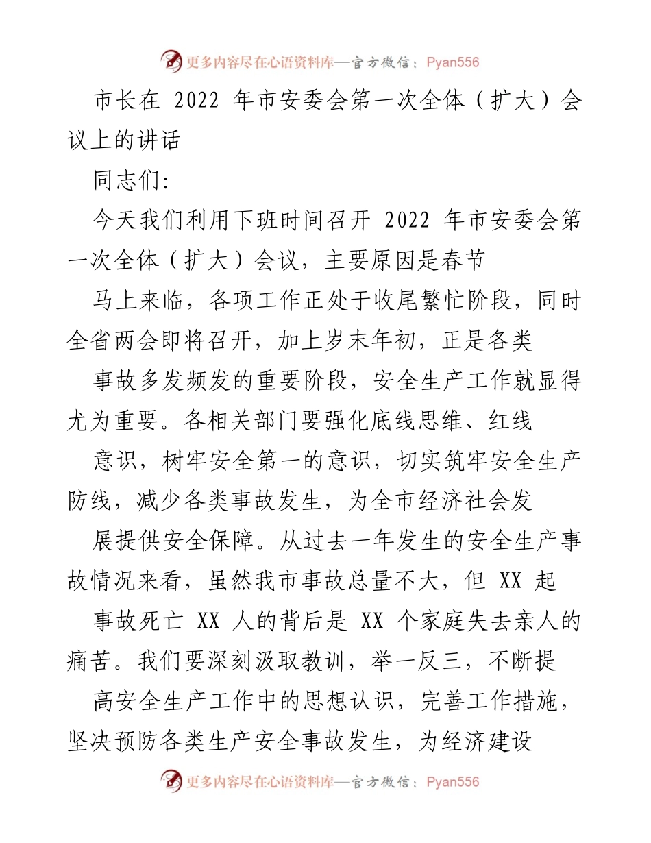 [发言] 市安委会第一次全体（扩大）会议 - 加强安全生产工作，筑牢安全防线.docx_第1页