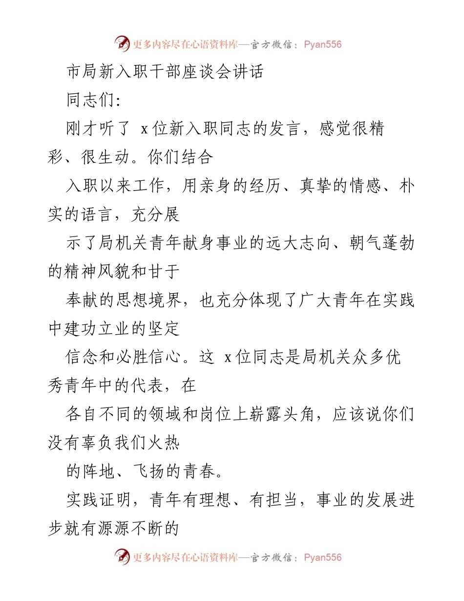[发言] 市局新入职干部座谈会 - 青年干部的使命与责任.docx_第1页