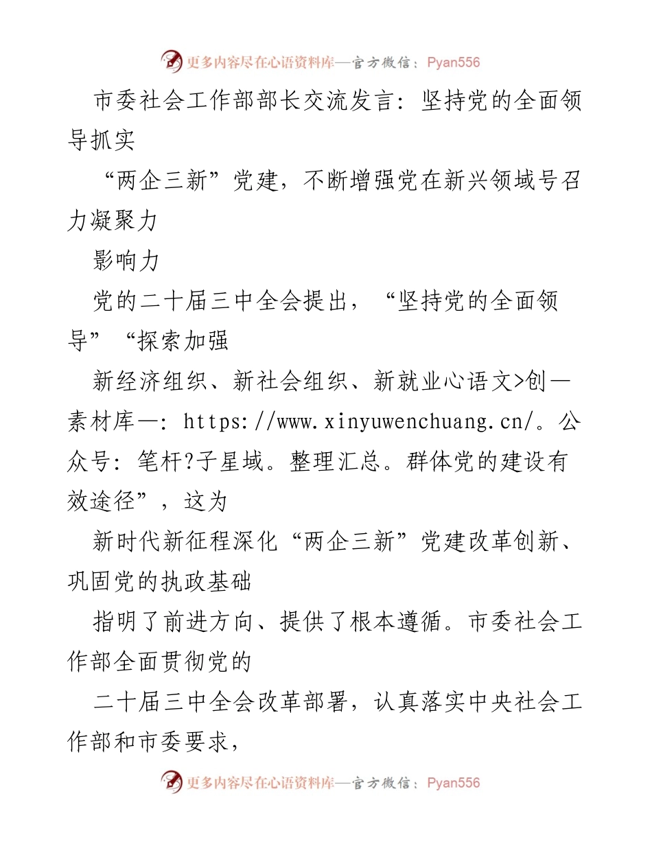[发言] 市委社会工作部交流会 - 加强“两企三新”党建，推动新时代党的全面领导.docx_第1页