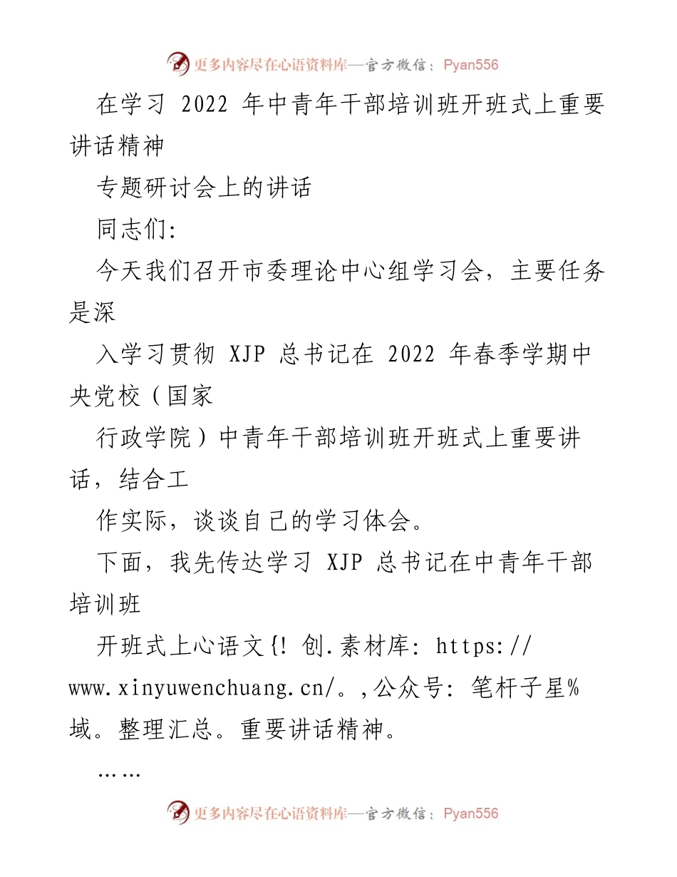 [发言] 市委理论中心组学习会 - 深入学习贯彻总书记在中青年干部培训班开班式上的重要讲话精神.docx_第1页