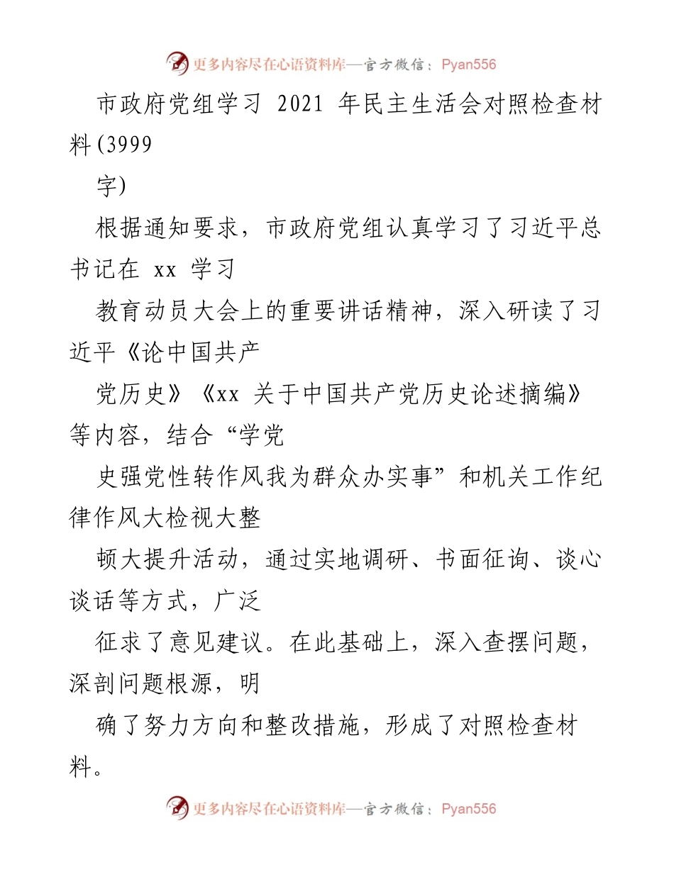 [发言] 市政府党组学习 - 深入学习贯彻习近平总书记重要讲话精神的对照检查材料.docx_第1页