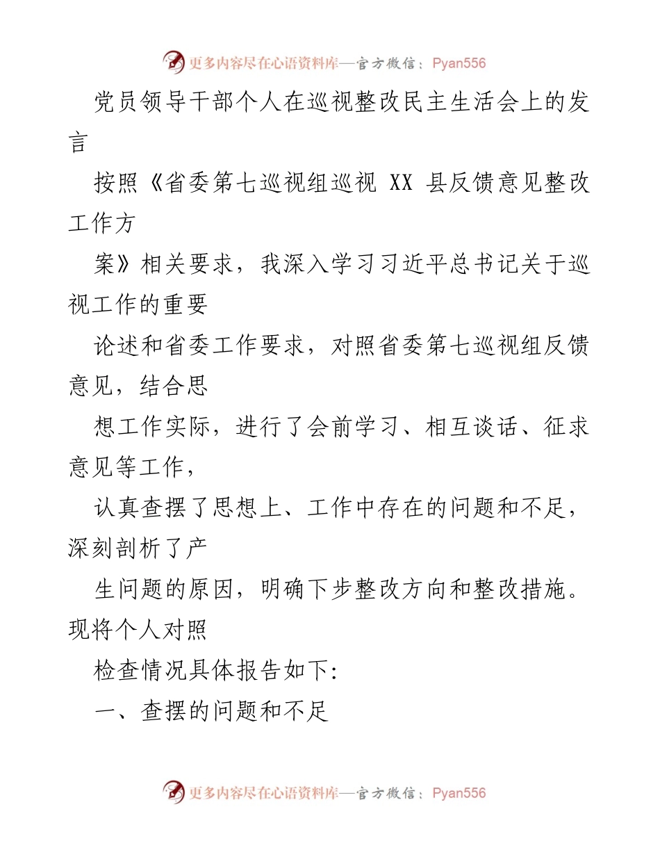[发言] 巡视整改民主生活会 - 党员领导干部巡视整改自查发言报告.docx_第1页