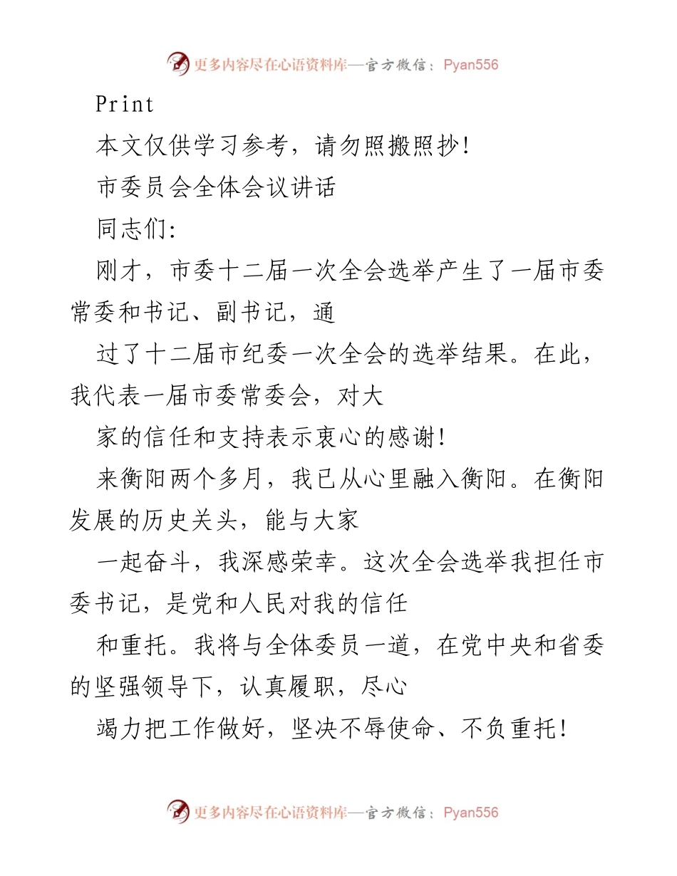 [发言] 市委员会全体会议 - 新任市委书记的任职讲话与期望.docx_第1页