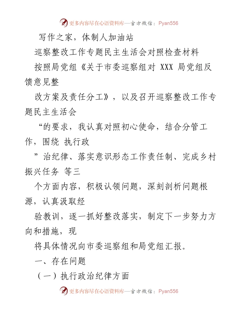 [发言] 巡察整改工作专题民主生活会 - 巡察整改自查与问题剖析报告.docx_第1页