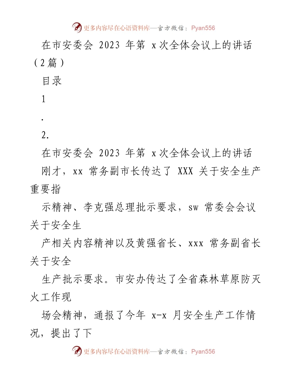 [发言] 市安委会全体会议 - 强化安全生产责任，防范风险隐患.docx_第1页