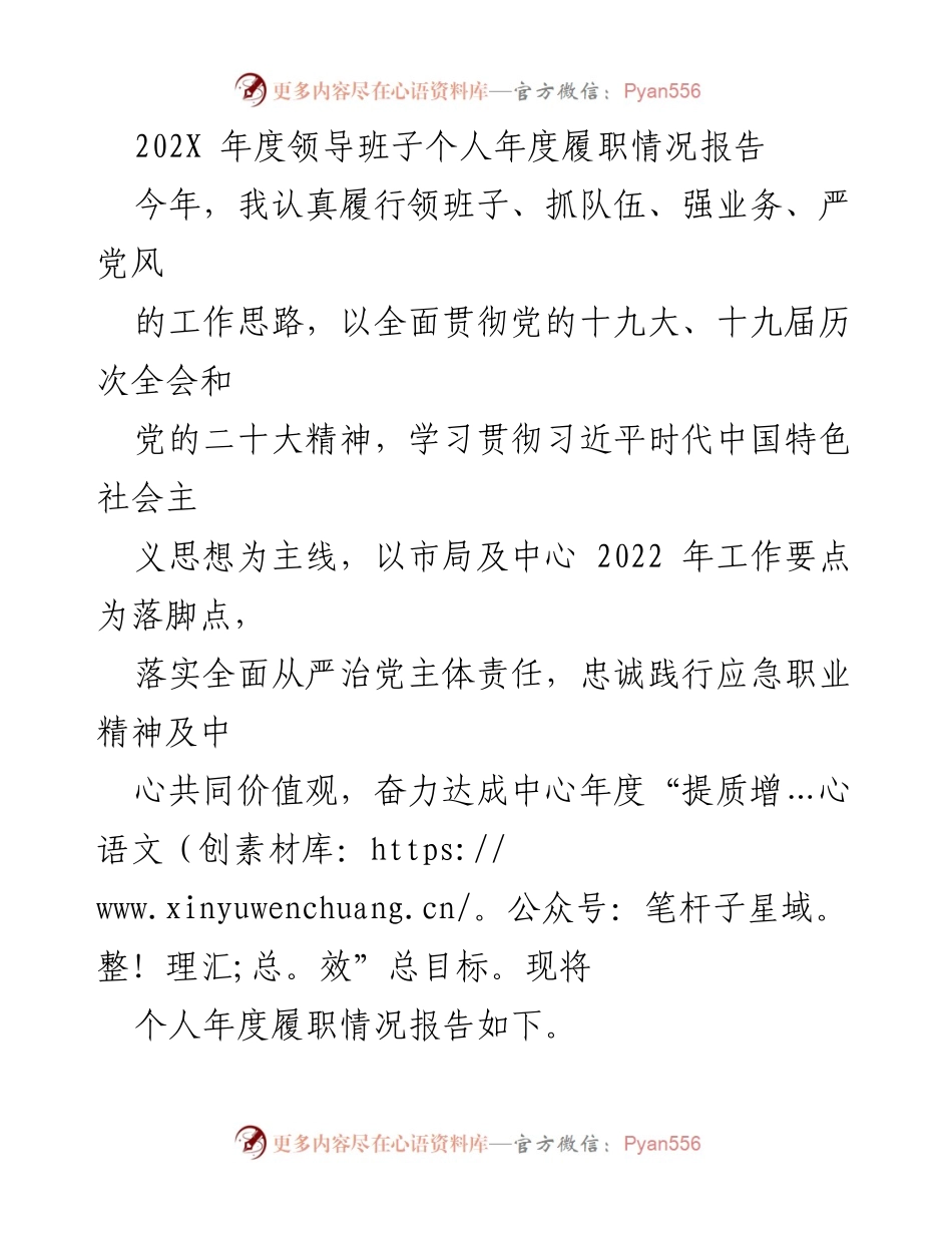 [发言] 年度总结 - 202X年度领导班子个人履职情况汇报.docx_第1页