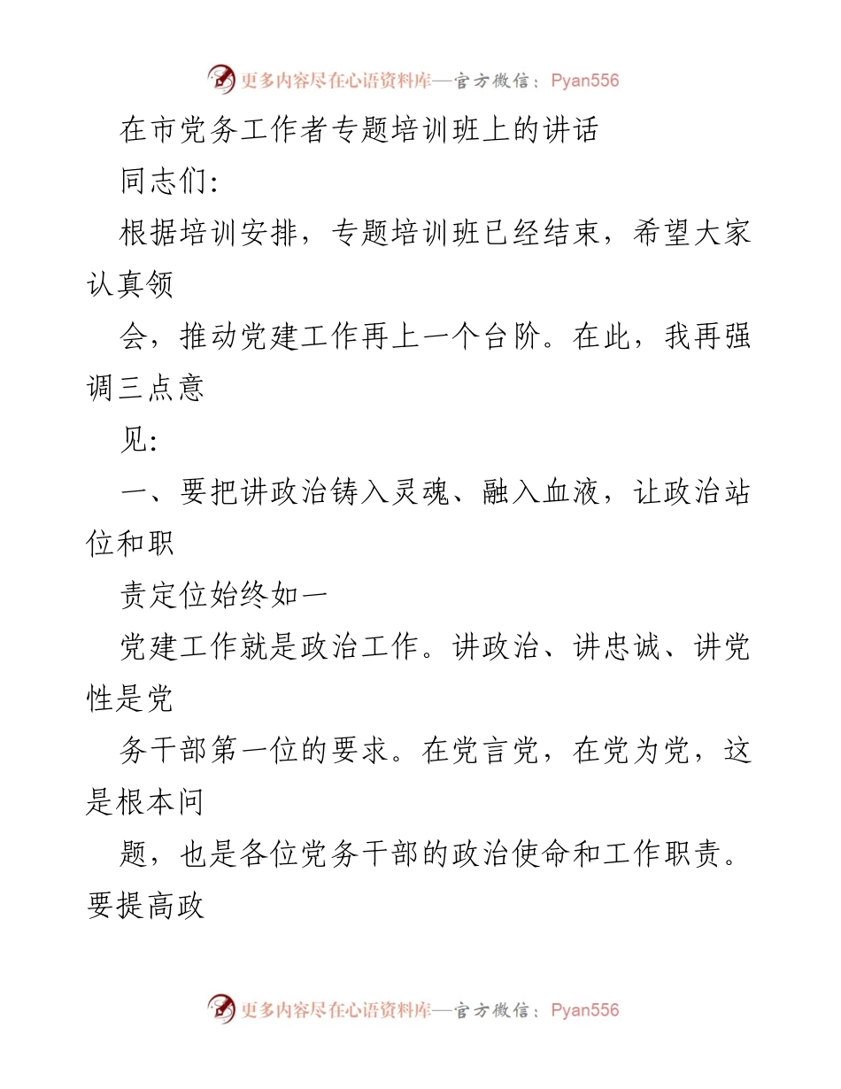 [发言] 市党务工作者专题培训班 - 强调党建工作的重要性与落实路径.docx_第1页