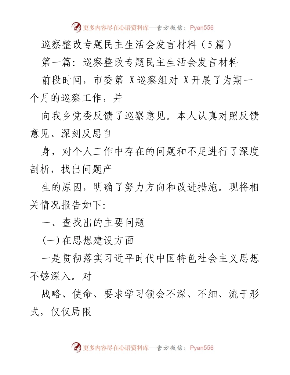[发言] 巡察整改专题民主生活会 - 深刻反思与整改措施的发言材料.docx_第1页