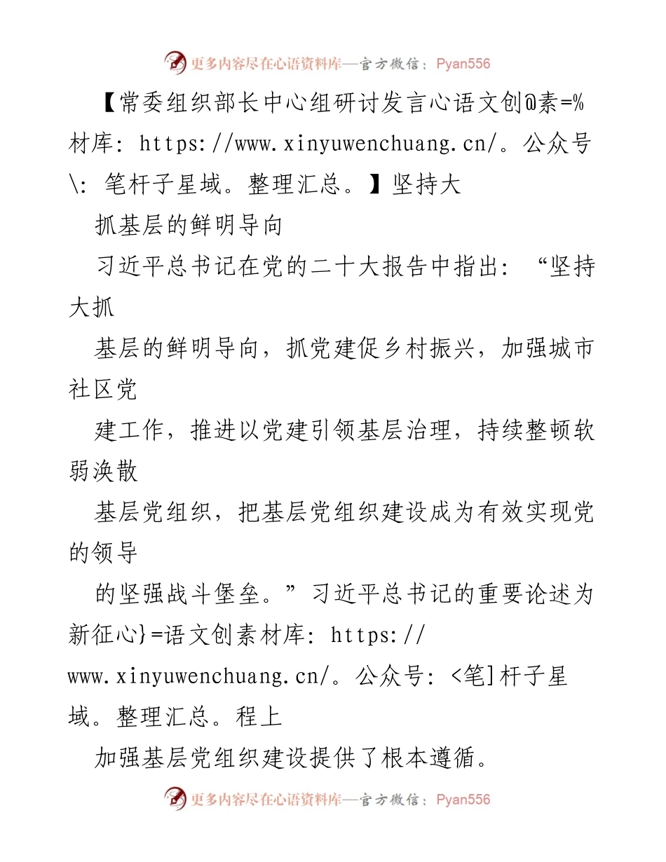 [发言] 常委组织部长中心组研讨 - 坚持大抓基层，推动党的组织建设与乡村振兴.docx_第1页