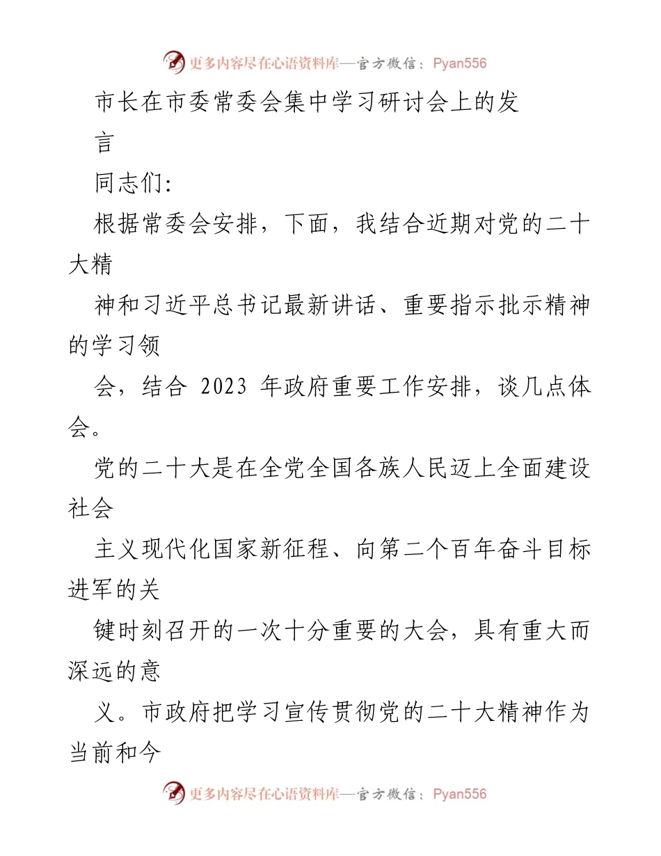 [发言] 市委常委会集中学习研讨会 - 学习贯彻党的二十大精神，推动高质量发展新突破.docx_第1页
