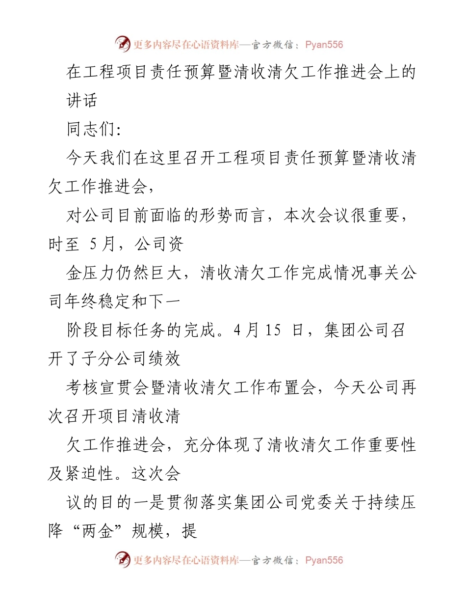 [发言] 工程项目责任预算暨清收清欠工作推进会 - 强调清收清欠工作的重要性与紧迫性.docx_第1页