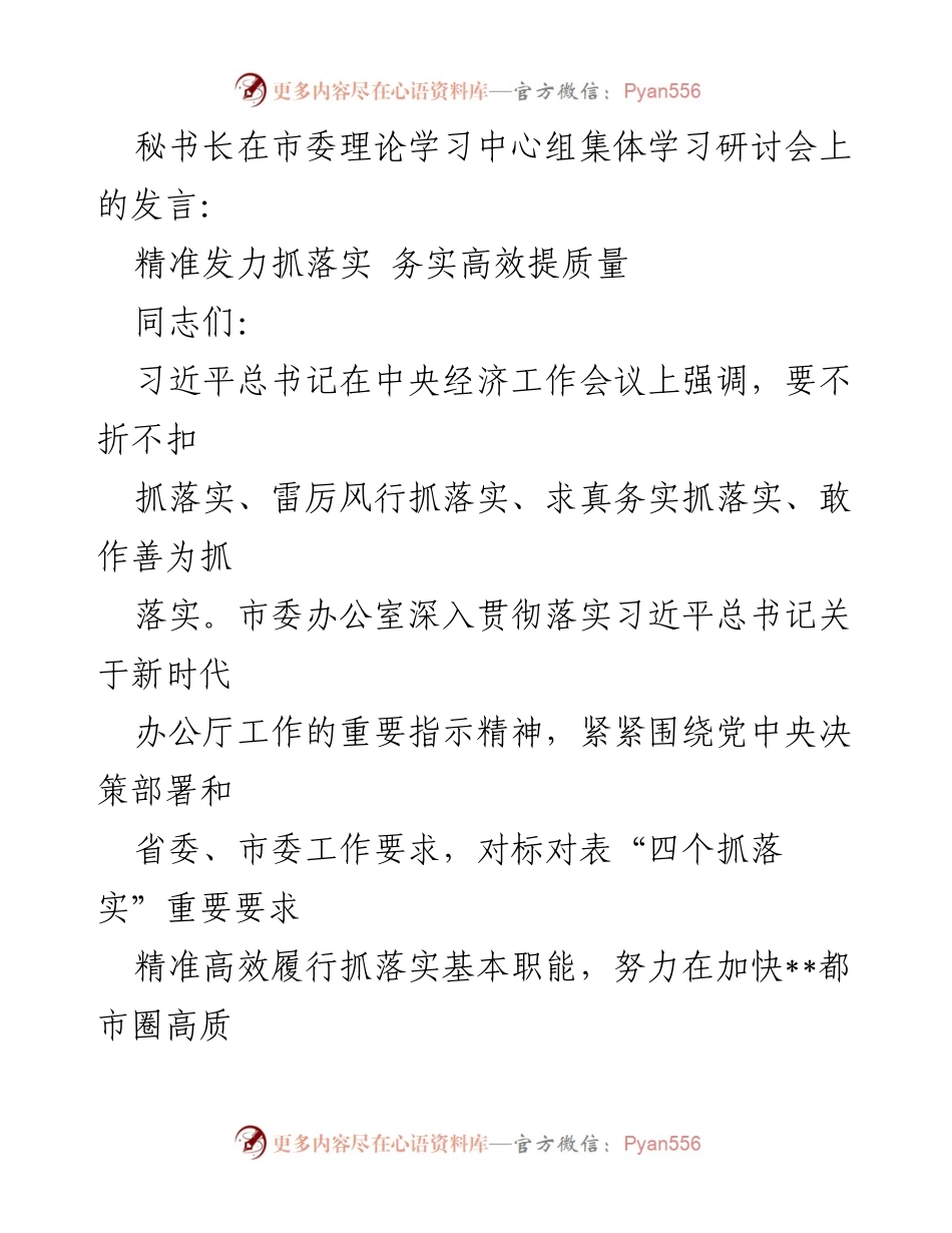 [发言] 市委理论学习中心组集体学习研讨会 - 精准发力抓落实，务实高效提质量_1.docx_第1页