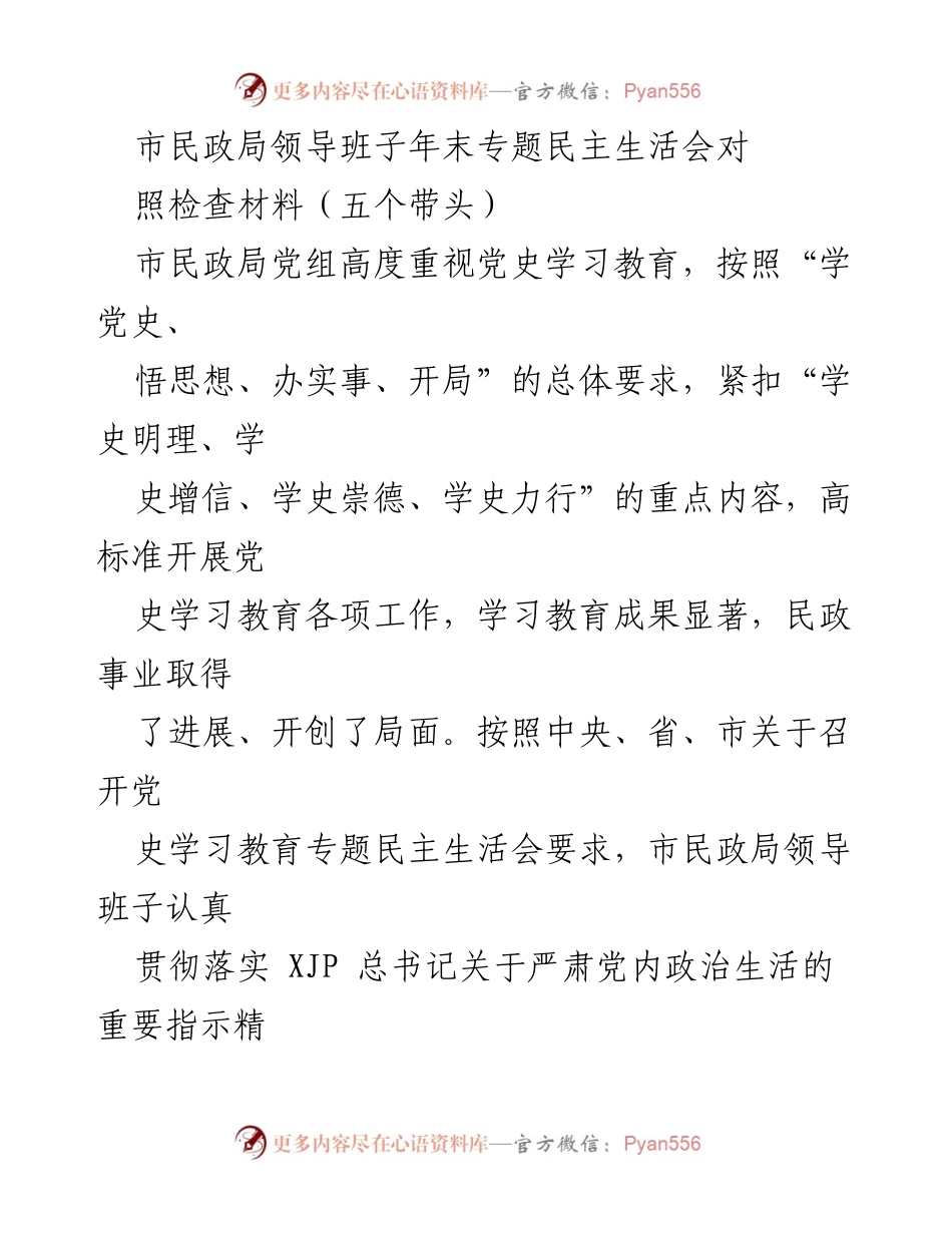[发言] 年末专题民主生活会 - 市民政局领导班子年末民主生活会对照检查材料总结.docx_第1页