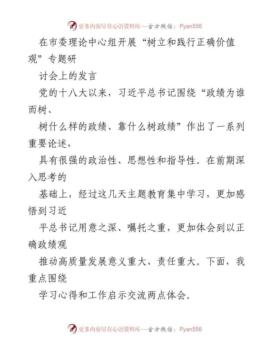 [发言] 市委理论中心组专题研讨会 - 深刻理解与践行正确政绩观的重要性.docx_第1页
