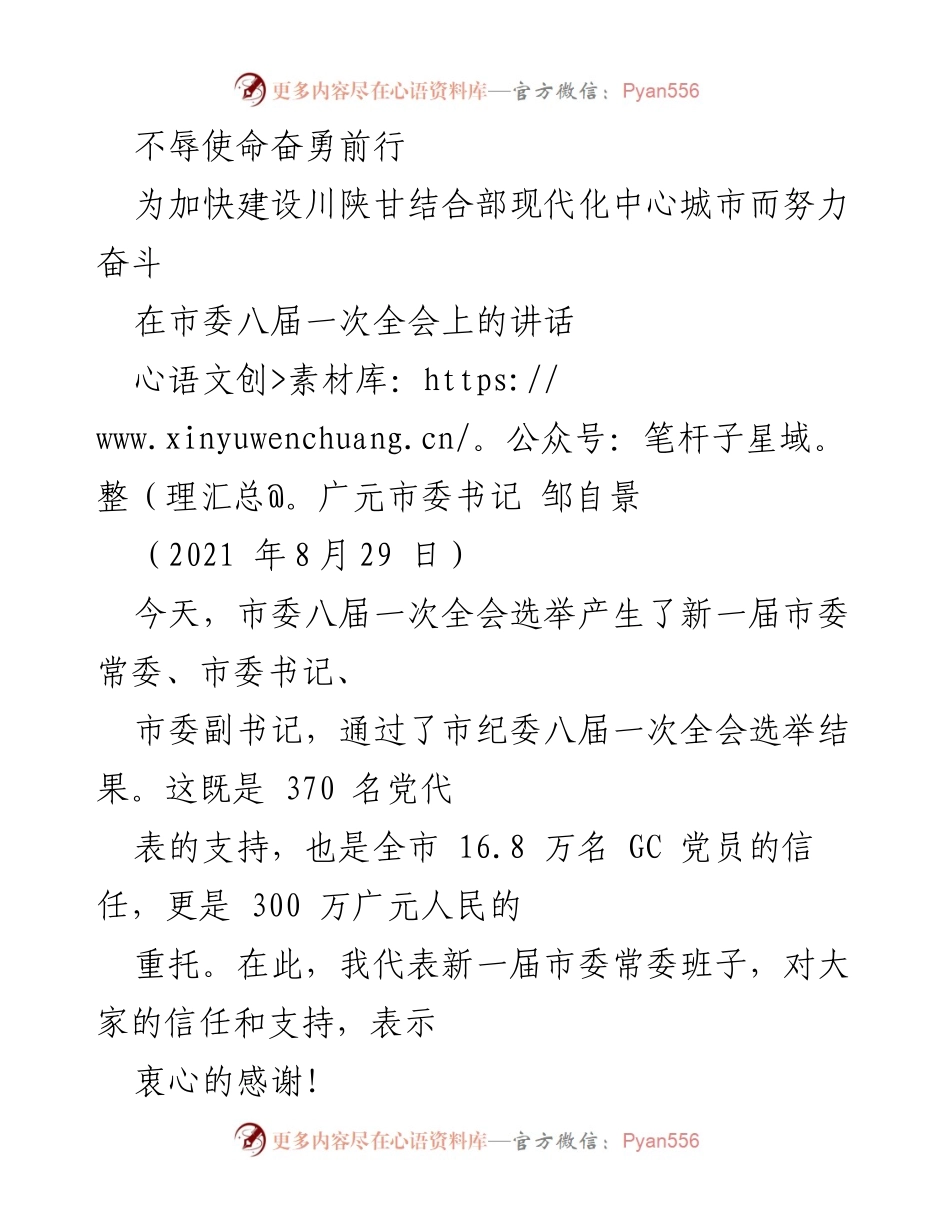 [发言] 市委八届一次全会 - 不辱使命奋勇前行，奋力建设现代化中心城市.docx_第1页