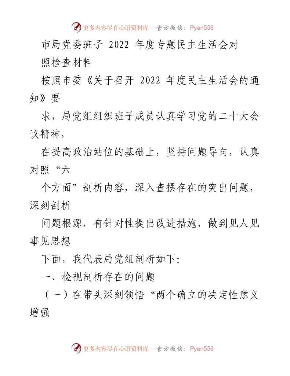 [发言] 市局党委年度民主生活会 - 2022年度专题民主生活会对照检查材料剖析.docx_第1页