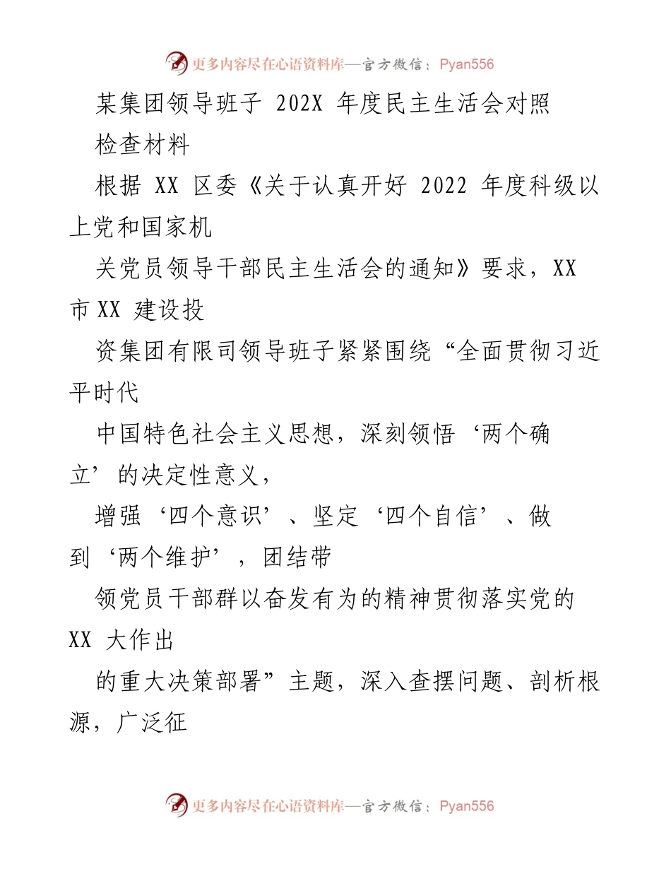 [发言] 年度民主生活会 - 某集团领导班子202X年度民主生活会对照检查材料总结.docx_第1页