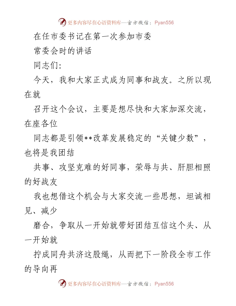 [发言] 市委常委会 - 新任市委书记首次讲话：团结共事，推动经济高质量发展.docx_第1页
